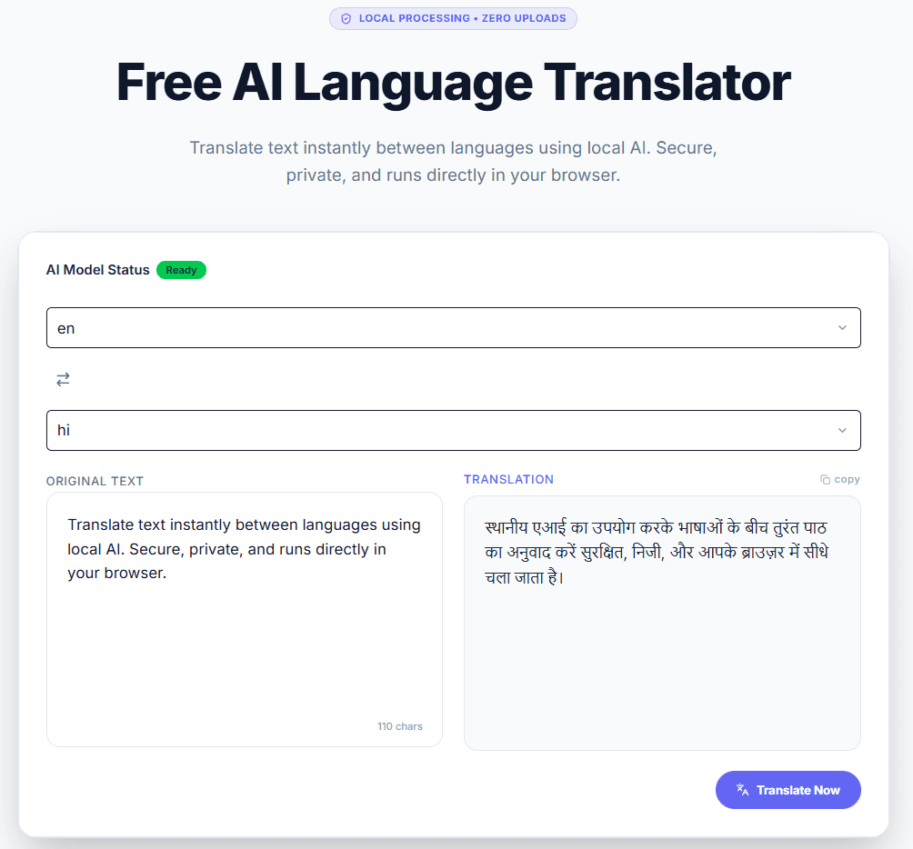 AI Language Translator English to Hindi UI